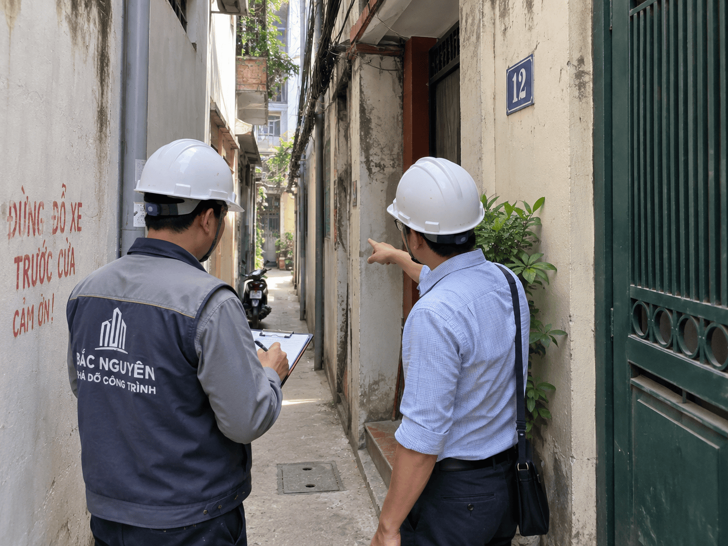 Khảo sát lối vào trước khi phá dỡ nhà trong ngõ nhỏ