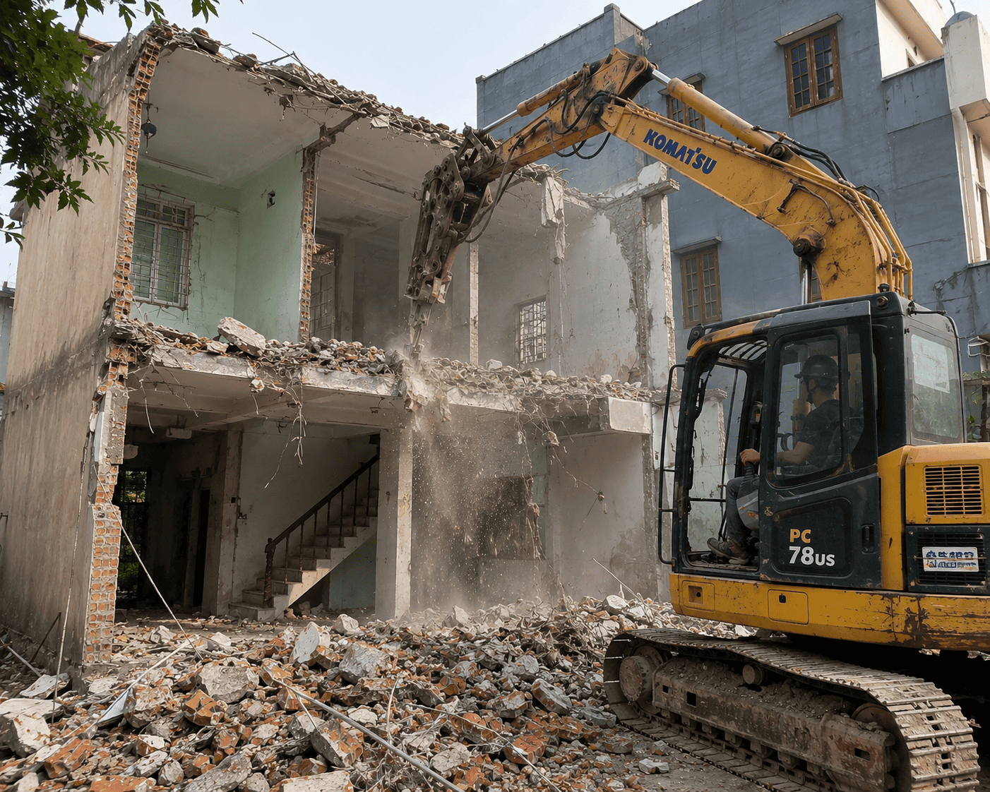 Máy phá dỡ tại công trình nhà 2 tầng