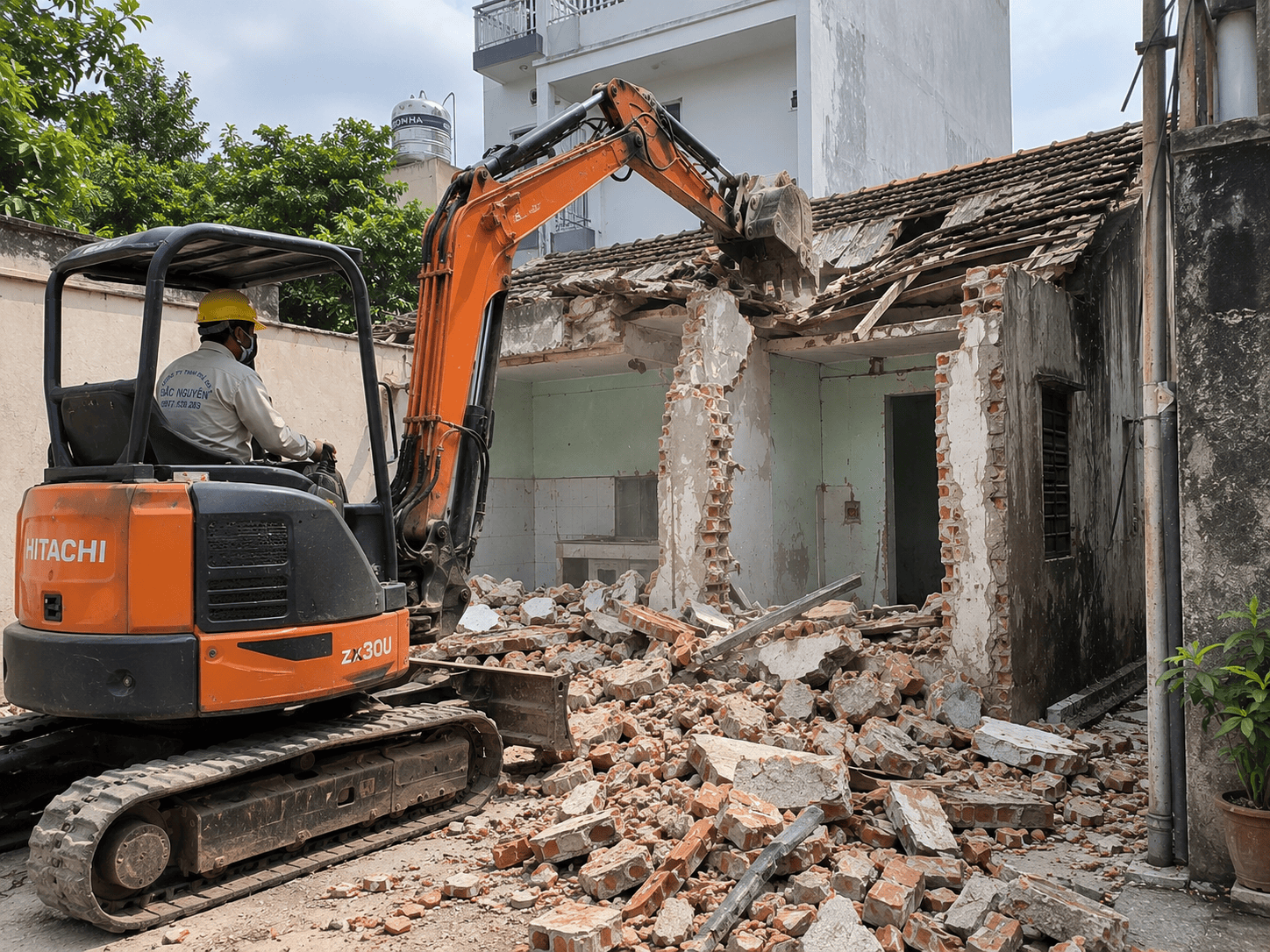 Máy xúc mini thi công phá dỡ nhà cấp 4