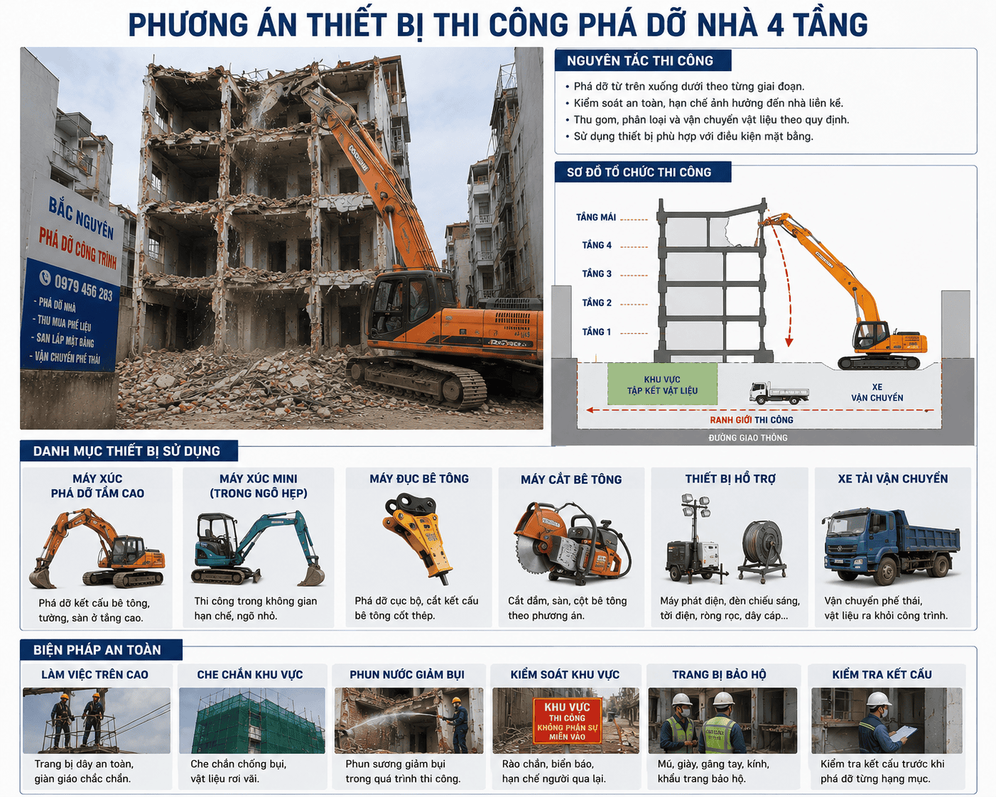 Phương án phá dỡ từ trên xuống đối với nhà 4 tầng