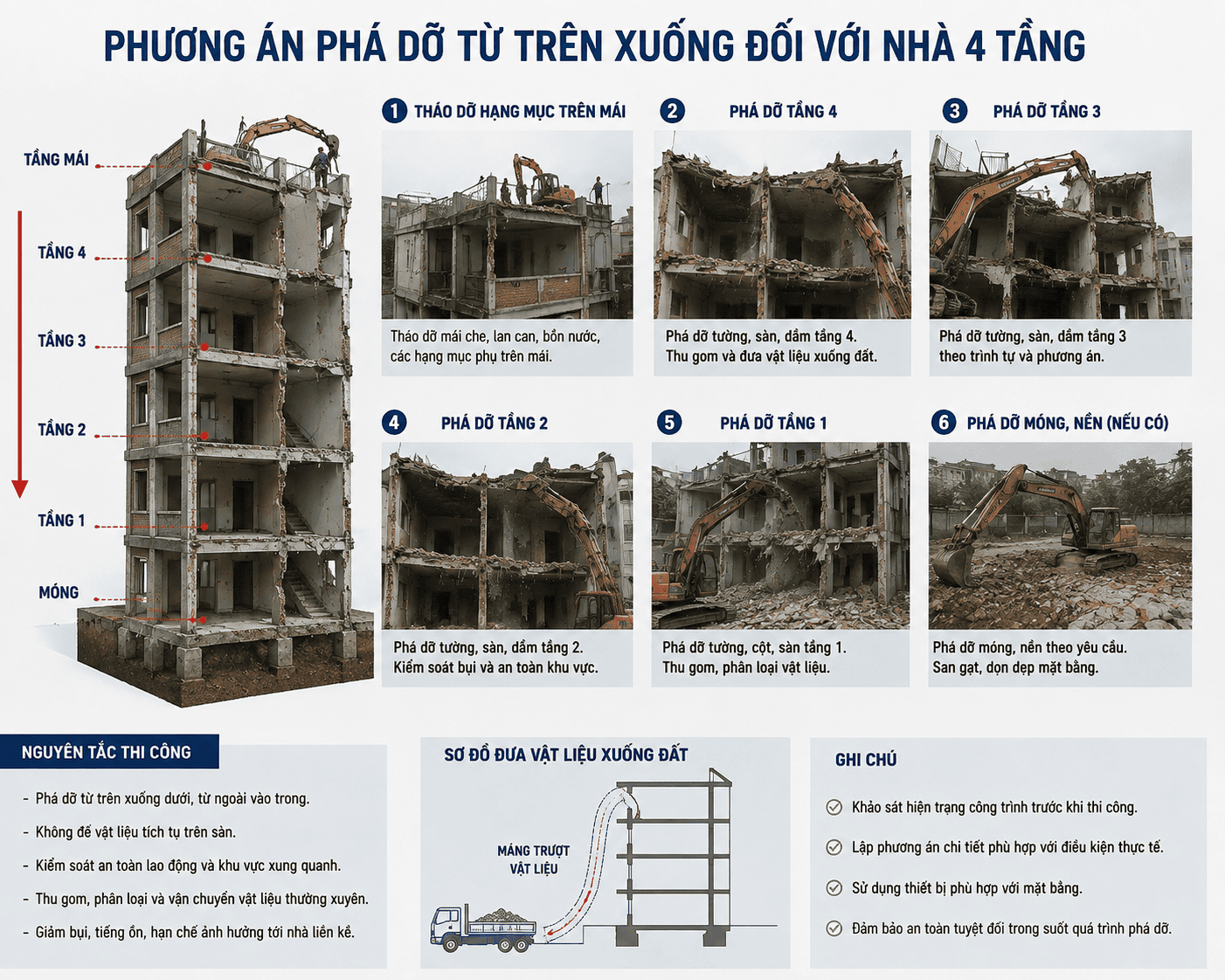 Phương án thiết bị thi công phá dỡ nhà 4 tầng