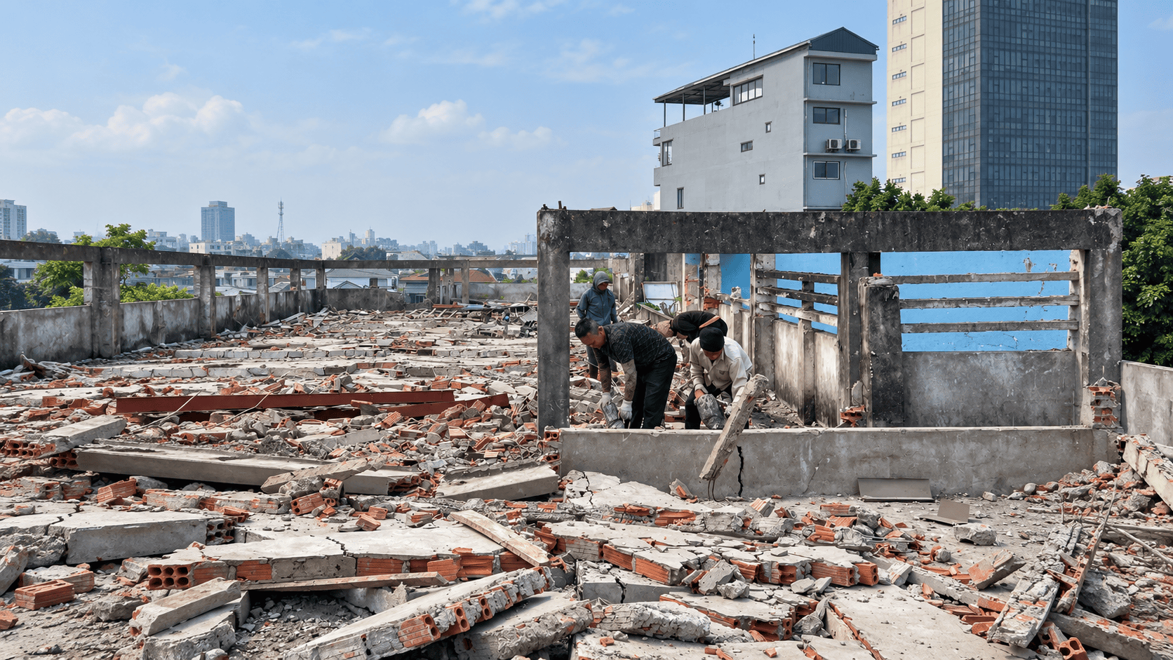 Toàn cảnh khung bê tông phá dỡ