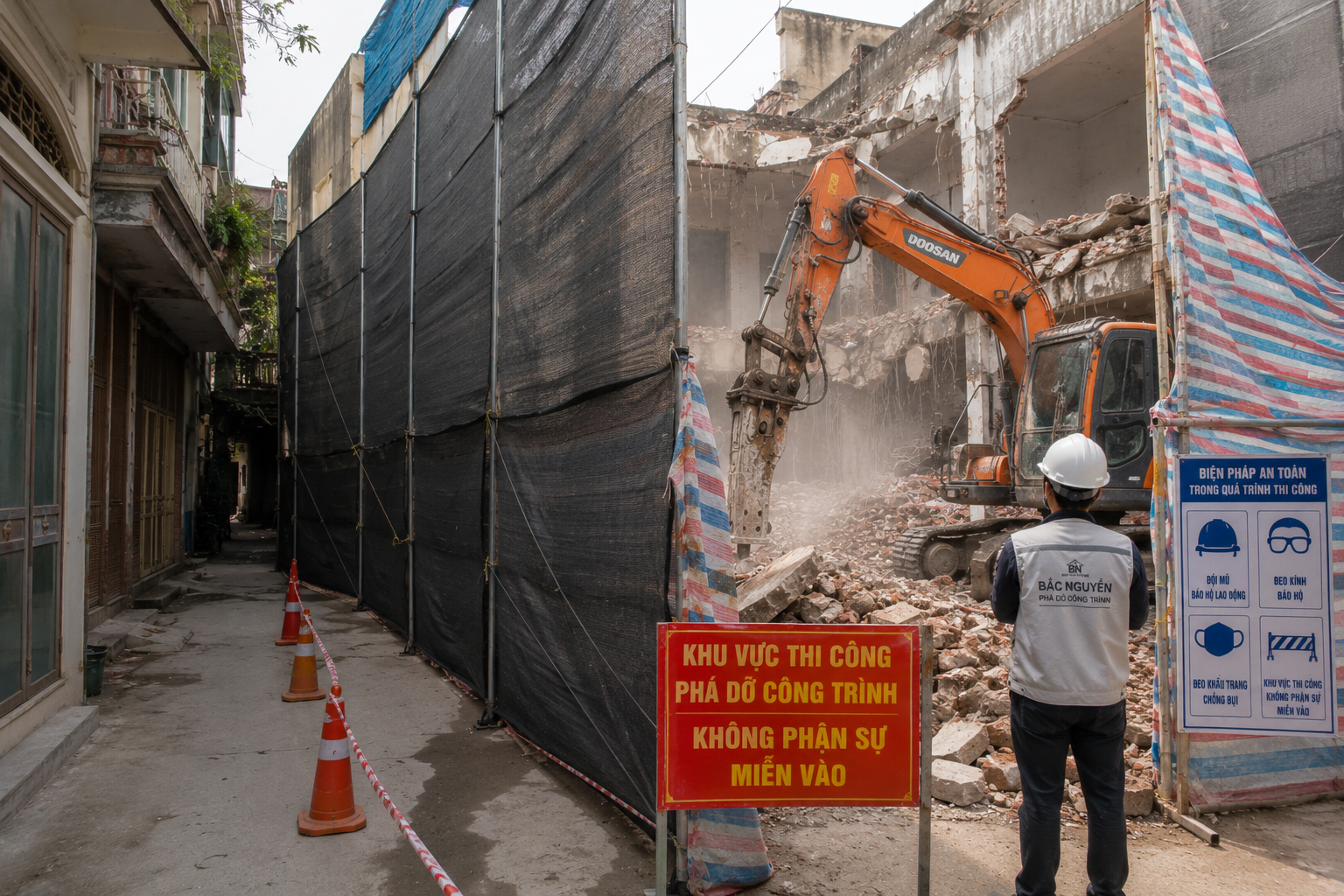 Che chắn khu vực thi công phá dỡ gần nhà kế cận