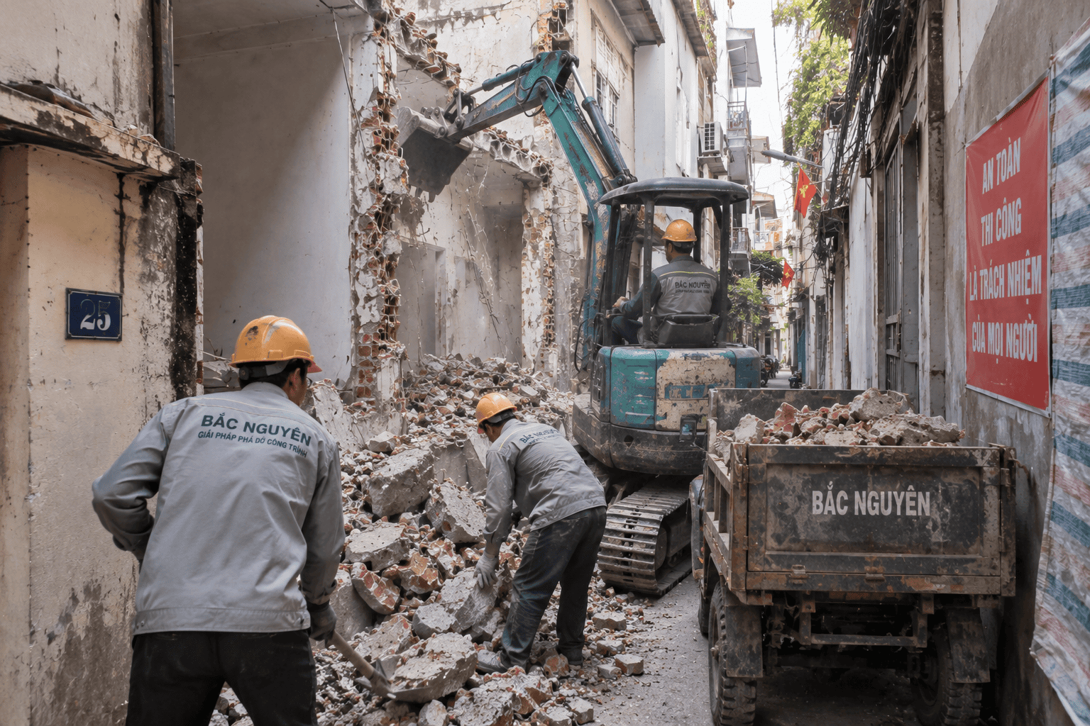 Phá dỡ nhà trong ngõ có điều kiện tiếp cận hạn chế
