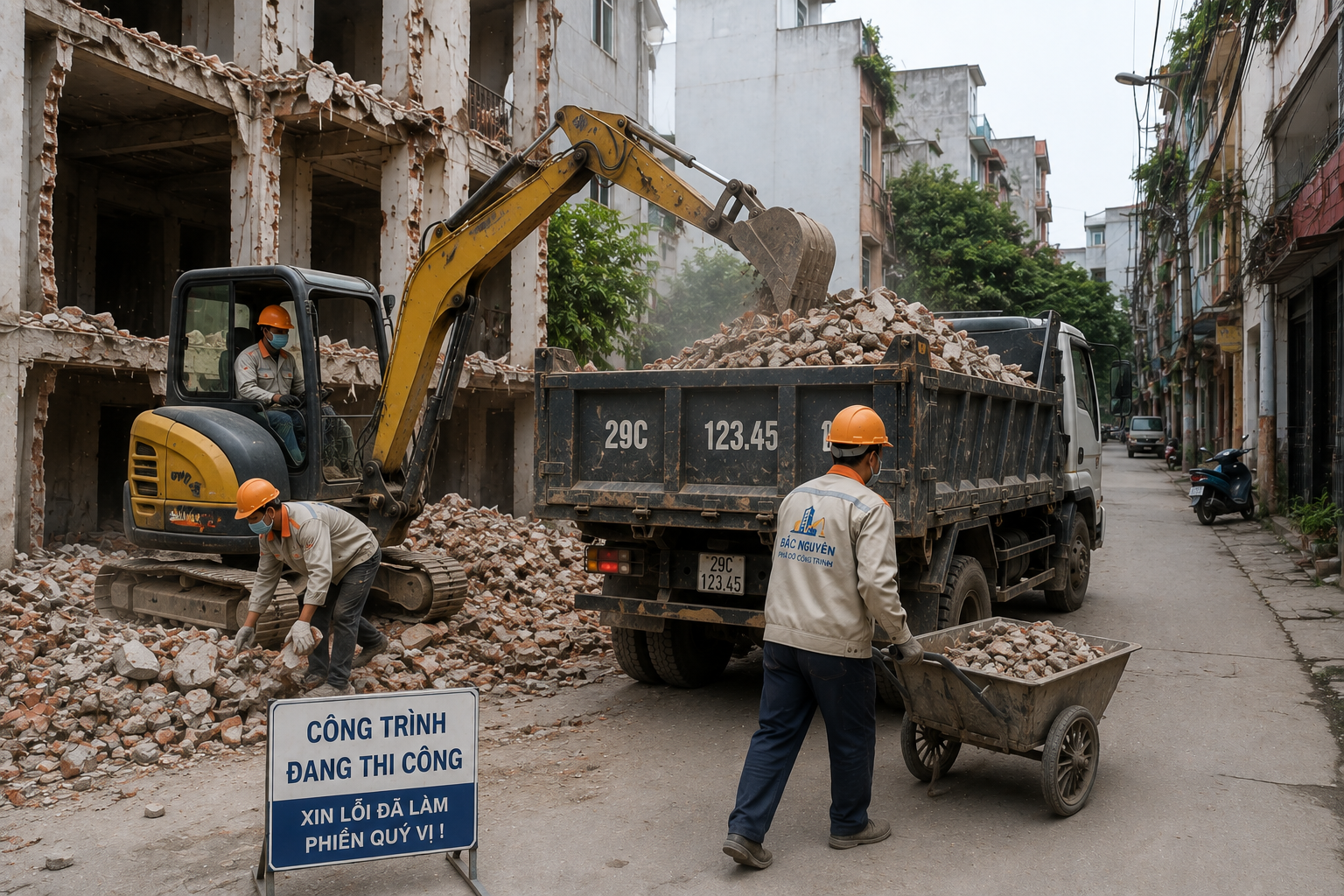 Vận chuyển vật liệu sau khi phá dỡ nhà